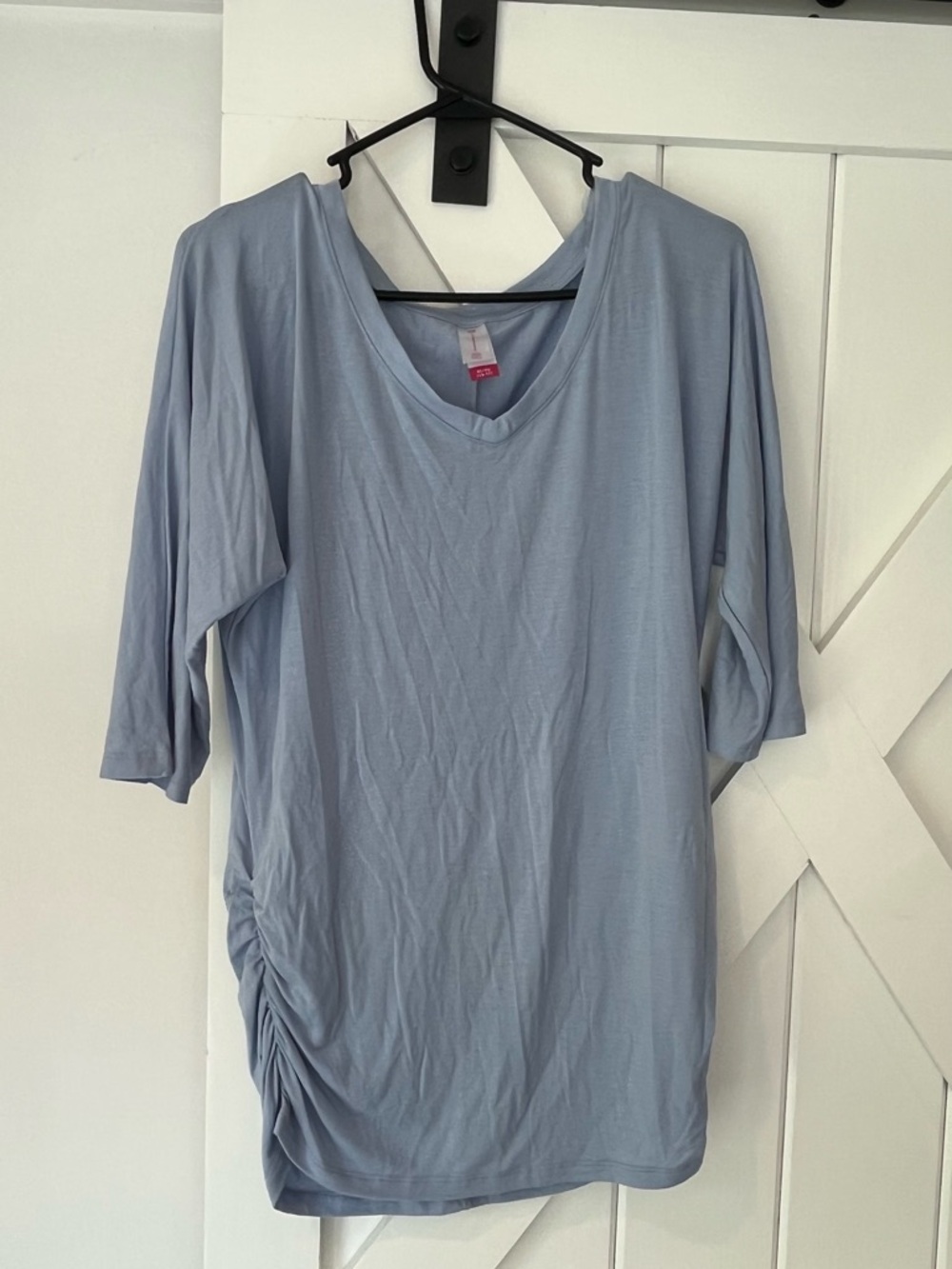 No Boundaries Light Blue V-Neck Short Sleeve Top with Side Ruching